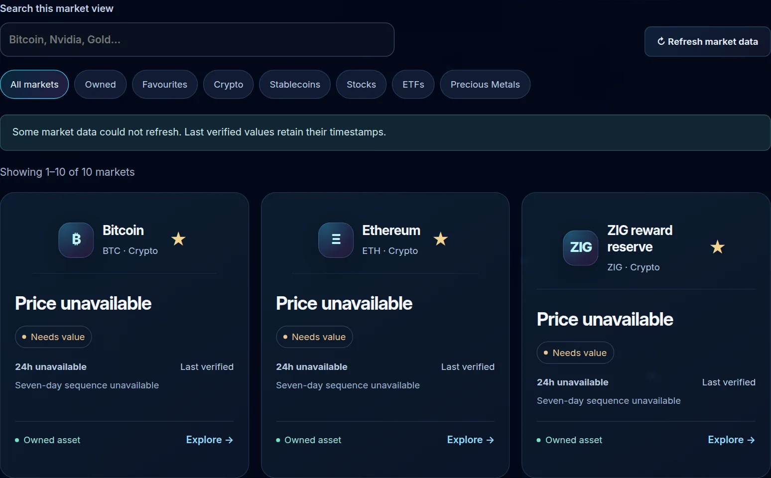 Actual public Alpha Markets view. Quotes unavailable during capture · no invented prices.